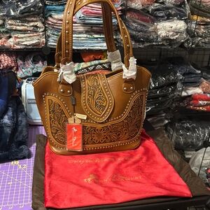 Montana West Brown Shoulder Bag with Tooled Leather Detailing